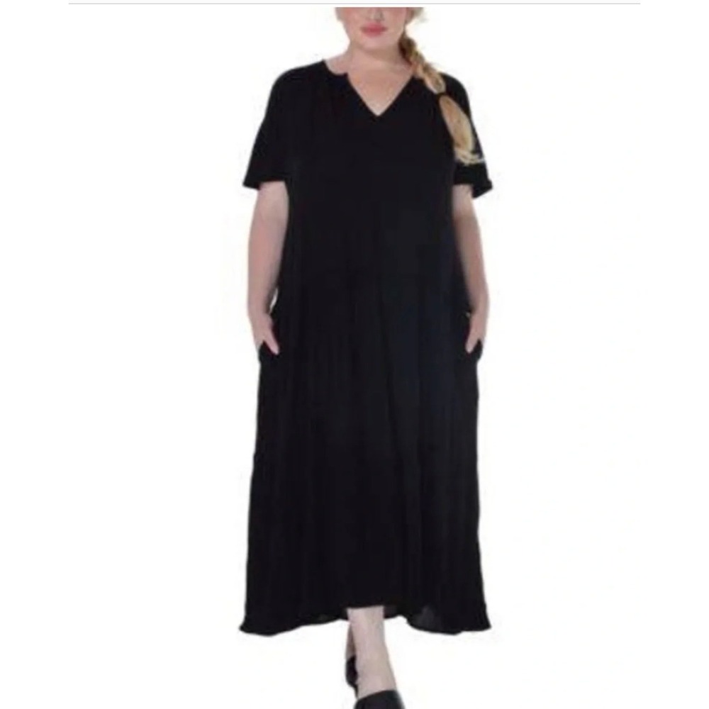 NWT Raviya Dress Women Black Tiered Crinkle V-Neck Short Sleeve 3X $58
